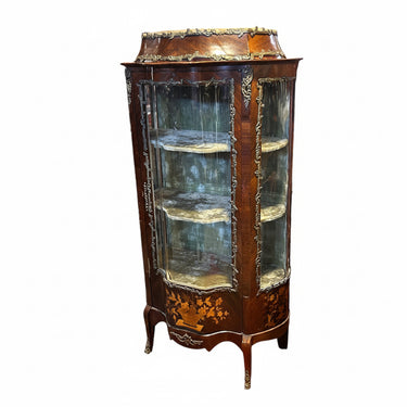 Vitrina francesa serpentine Napoleón III principios del s. XX marquetería y terciopelo Bucarest Art & Antiques