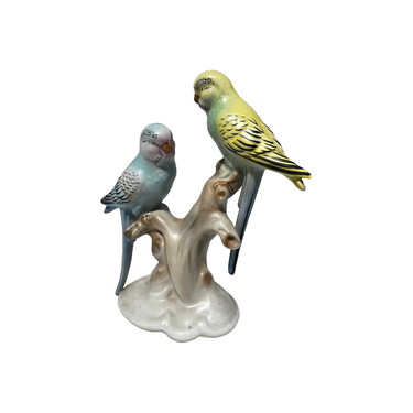 Foto de presentación mejorada — Figura porcelana pintada a mano Gerold Porzellan Bavaria Pareja aves en la rama circa 1960