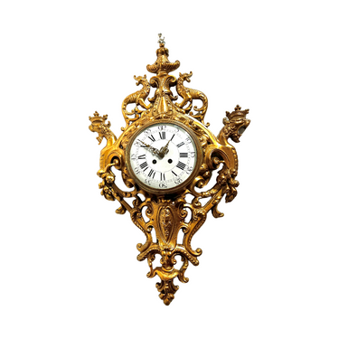 Foto de presentación mejorada — Reloj de pared en bronce dorado calado con animales estilizados