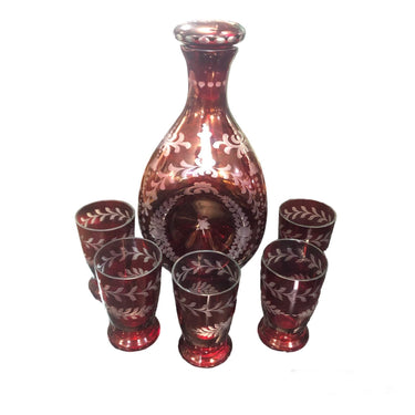 Conjunto botella y copas para cinco personas tallado en rojo | Bucarest Art Gallery Bucarest Art & Antiques