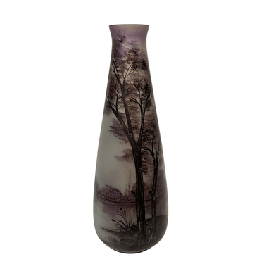 Jarrón francés en vidrio esmaltado 'Paisaje lacustre' atribuido a Legras Bucarest Art & Antiques