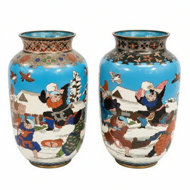 Jarrones japoneses de bronce y esmalte cloissoné motivo invernal | Bucarest Art Gallery Bucarest Art & Antiques