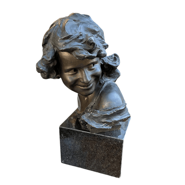Jean Antoine Injalbert - Escultura francesa busto de niña en bronce y base de mármol Bucarest Art & Antiques