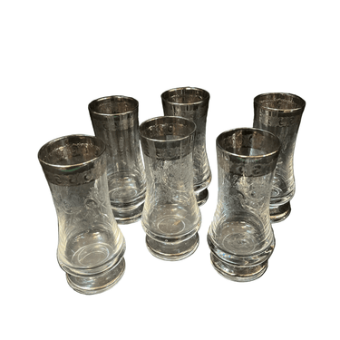 Juego de seis vasos largos de agua vidrio y plaqué decoraciones talladas Bucarest Art & Antiques