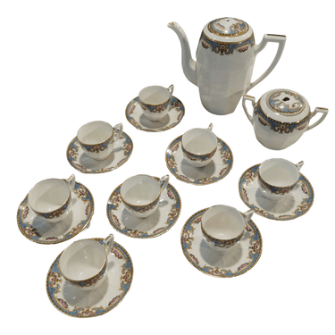 Juego de tazas de té porcelana francesa Limoges 8 personas apliqué azul y amarillo Bucarest Art Gallery