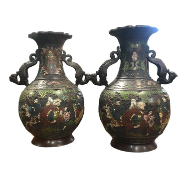 Par de jarrones cloissoné asas de pájaros Bucarest Art & Antiques