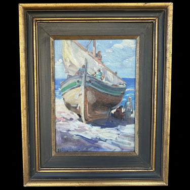 Rodríguez St. Clement - Óleo sobre tela ‘Velero en orilla de playa’ Bucarest Art & Antiques