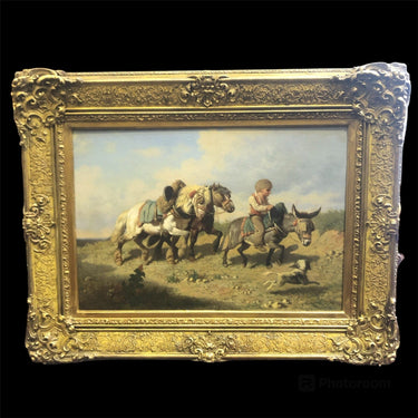 Theodore Fort - Oleo “Niño en pastizal con caballos” Bucarest Art & Antiques