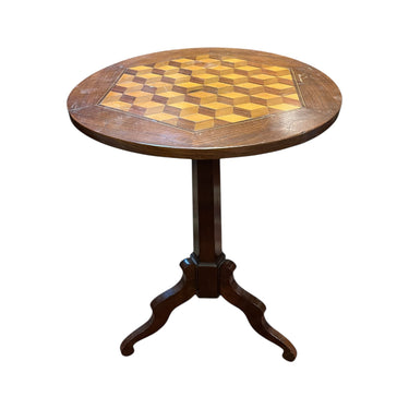 Mesa lateral francesa con marquetería geométrica en cubierta Bucarest Art & Antiques