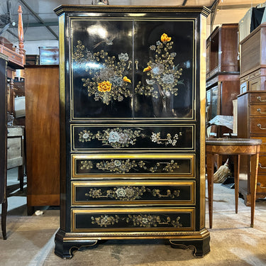 Mueble aparador bar chino lacado negro imitación laca china, pájaros y flores