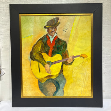 Luís Tejada - Oil on cholguan 'Smiling guitarist' INVENTORY