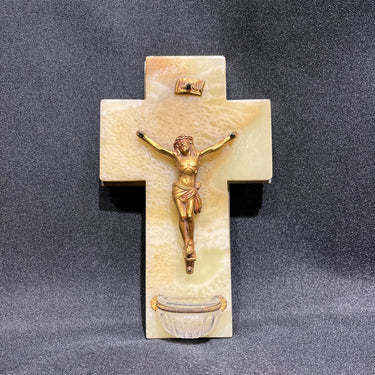 Crucifijo benditero de ónix y vidrio con Cristo de estaño dorado s.XX