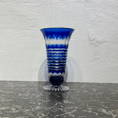 Florero de cristal belga Art Deco tallado azul cobalto Val Saint Lambert forma trompeta