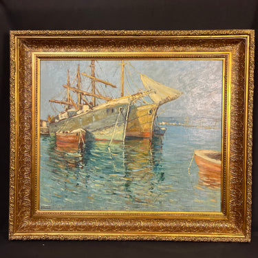 Pacheco Altamirano - Óleo sobre madera 'Embarcaciones y su reflejo en el mar' Bucarest Art & Antiques