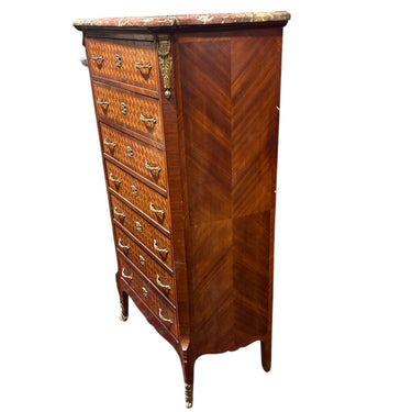 Chiffonier secretaire francés estilo Luis XV bombé cajones en parquetería bronce y cubierta de mármol Bucarest Art & Antiques