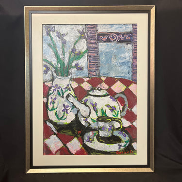 Vittorio Queirolo - Acrílico sobre cartón ‘Bodegón tetera y lirios morados’ Bucarest Art & Antiques