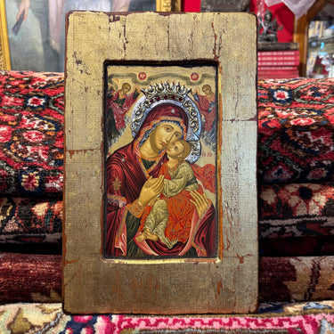 Ícono bizantino virgen con niño y ángeles en plata y madera época contemporánea