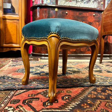 Taburete en madera citronnier tapiz turquesa estilo Luis XV