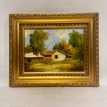 Juan Araneda - Óleo sobre tablilla 'Casa entre árboles'