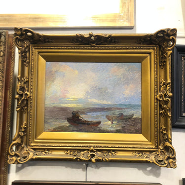 Arturo Gordon - Óleo sobre cartón 'Paisaje con barcos al amanecer' Bucarest Art & Antiques