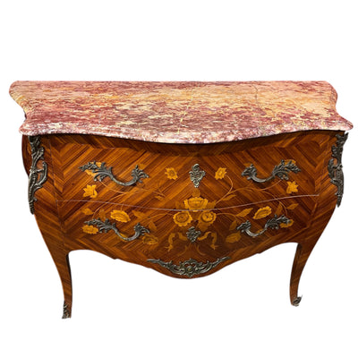 Cómoda Luis XV bombé marquetería floral y mármol rosa Bucarest Art & Antiques