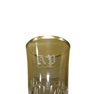 Florero pequeño de cristal de Bohemia iniciales A.P. y borde dorado Bucarest Art & Antiques