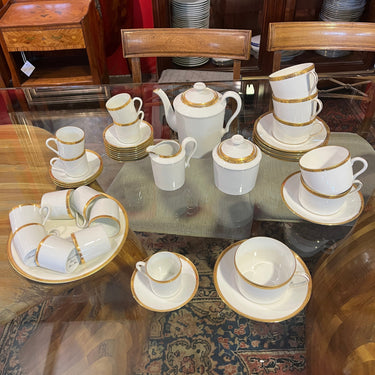 Juego de té y café 6 personas porcelana francesa Limoges borde guirnalda dorada Bucarest Art & Antiques