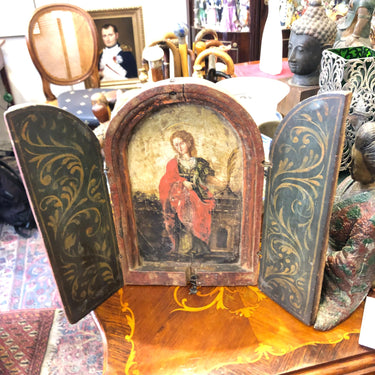 Tríptico religioso en madera policromada representación de la Virgen Bucarest Art & Antiques