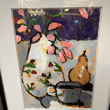Vittorio Queirolo - Acrílico sobre papel Bodegón ‘Pera, flores y café’ Bucarest Art & Antiques